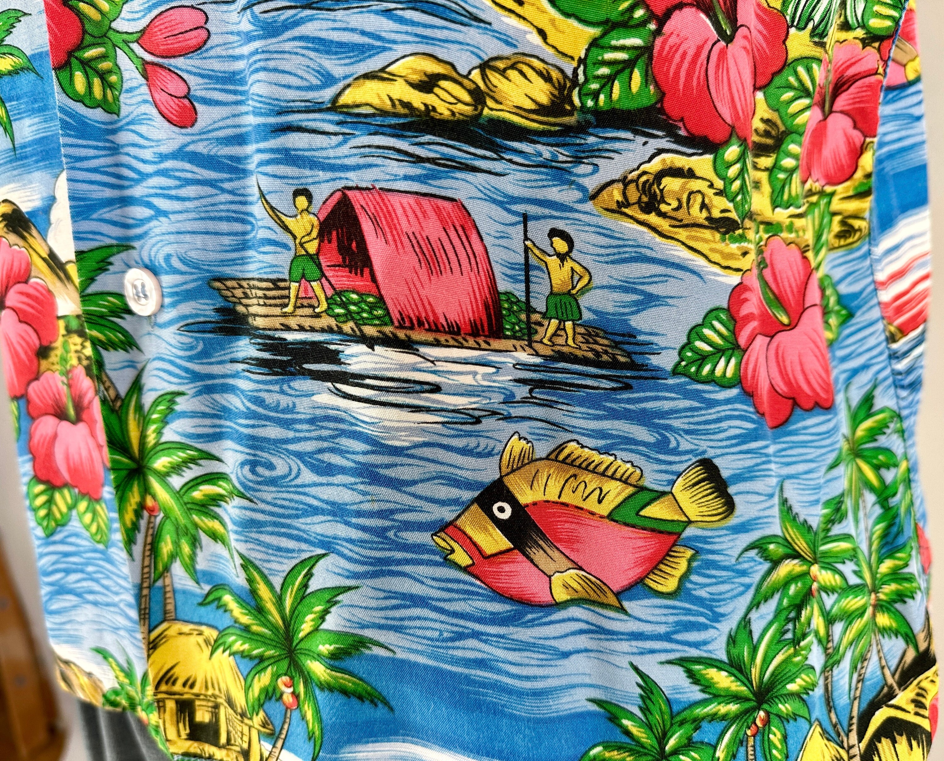 1950s Hula and Hibiscus Shirt | Vintage 50s Hawaiian Tiki