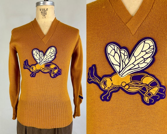 1940s Hornet Hero Sweater | Vintage 40s Gold Wool Knit Sports Team Collegiate Letterman Pullover Jumper with Purple Patch | Medium Large