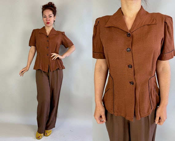 1940s Pattie's Playful Pants Ensemble | Vintage 40s Cinnamon and Cedar Brown Summer Wool Button Up Puff Sleeve Shirt & Trousers Set | Medium