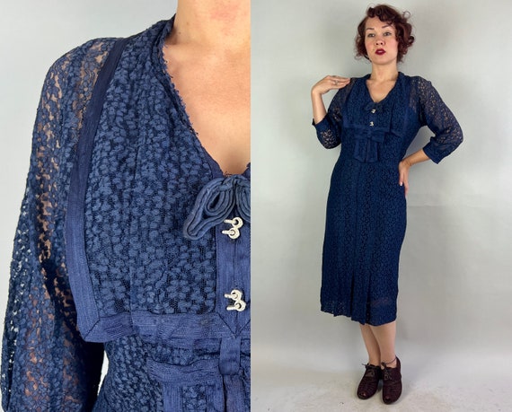 1930s Deep Blue Sea Dress | Vintage 30s Sheer Navy Blue Lace Frock with Bow Collar Detail and Decretive Rhinestone Buttons | Medium/Large