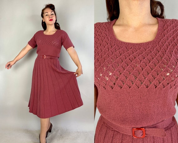 1940s Radiant Rose Knit Dress | Vintage 40s Pink Mauve 2 Piece Wool Knitwear Frock with Lacey Stitch Accents and Belt | Large Extra Large XL