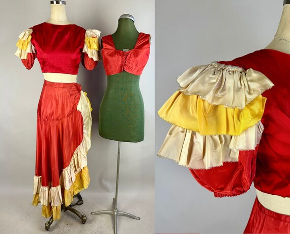 1940s Randy Rhumba Showgirl Ensemble | Vintage 40s Red Yellow and White Taffeta Three-Piece Top Skirt Blouse Ruffle Dance Costume | Small/XS