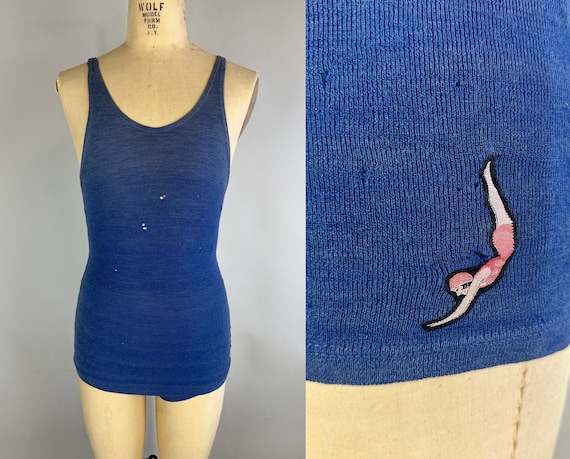 1920s Swim the Ocean Blue Swimsuit | Vintage 20s "Jantzen" Wool Knit Art Deco One Piece Bathing Suit with Plunging Racerback | Small