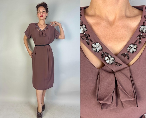 1940s Celebrated Classic Dress | Vintage 40s Deadstock Purple Rayon Celanese Frock w/Beaded & Sequined Peek-a-Boo Neckline | Extra Large XL