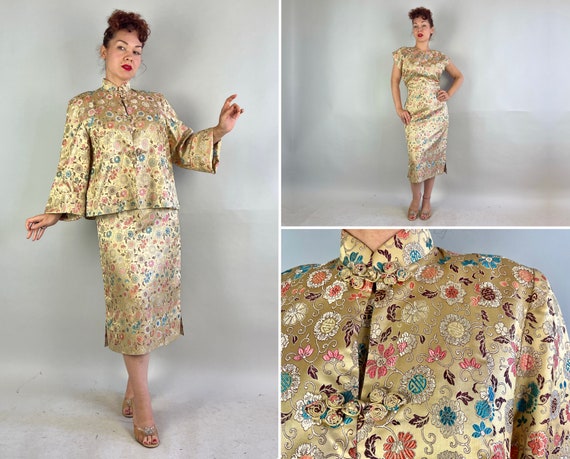 1950s Golden Gal in Chinatown Cheongsam Set | Vintage 50s Silk Brocade Qipao Chinese Dress & Matching Jacket Ensemble | Large Extra Large XL