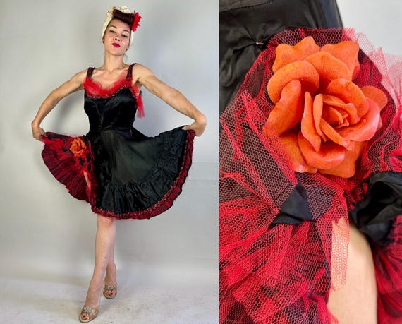 1940s CanCan Coquette Costume | Vintage 40s Black Satin Showgirl Burlesque Dress with Red Tulle Trim Sequins & Flowers | Medium