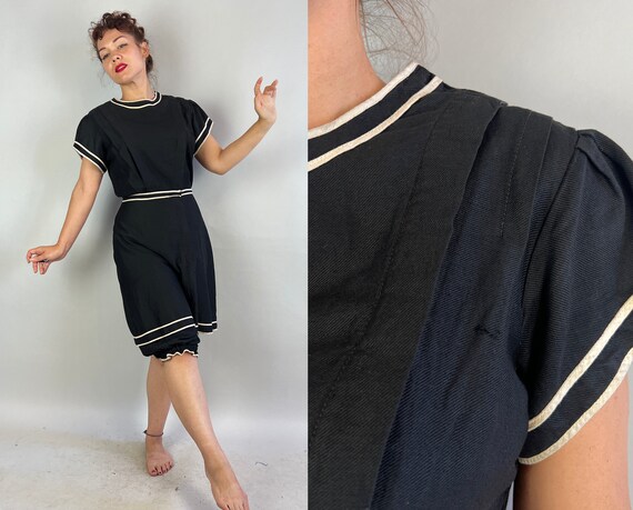 1910s "Water Sprite" Swimsuit  | Vintage Antique Edwardian Teens Black Cotton Twill with White Stripes One Piece Bathing Costume | Medium