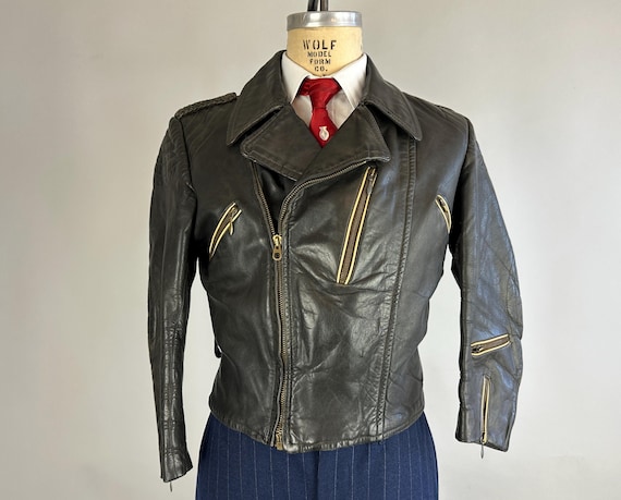 1950s Bad Ass Brando Motorcycle Jacket | Vintage 50s Black Leather Jacket w/Epaulets Quilting Ivory Accents & Lots of Zips | Small Medium