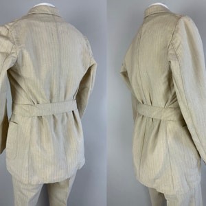 1920s Belted Back Suit Vintage 20s Antique Oatmeal and White Pinstripe Peak Lapel Tunnel Loops Jacket & Pants Dated 1929 Size 34 Small image 2