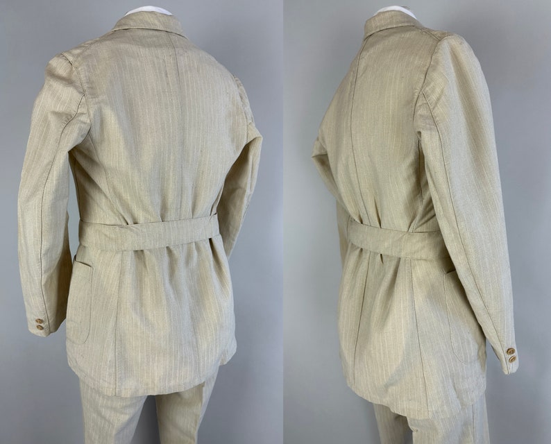 1920s Belted Back Suit Vintage 20s Antique Oatmeal and White Pinstripe Peak Lapel Tunnel Loops Jacket & Pants Dated 1929 Size 34 Small image 2