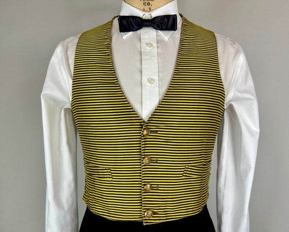 1900s Gentlemen’s Gentleman Waistcoat | Vintage Antique Edwardian Yellow and Black Bumble Bee Stripe Vest with Brass Buttons | Large