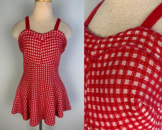 1940s Gidget in Gingham Swim Dress | Vintage 40s Red and White Picnic Check Wool Lastex Knit Flared Skirt Bathing Suit | Small Medium Large