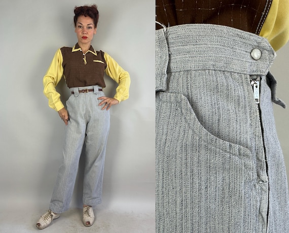 1950s Grand Ole Opry Trousers | Vintage 50s Striped Heathered Grey Cotton Western Cowgirl Side Zip Slacks Pants with Peaked Pockets | Small