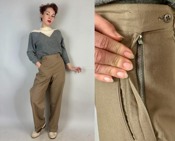 1940s Too Cool Taupe Trousers | Vintage 40s Brown Wool Twill High Waist Side Zip Pants Slacks with Cuffed Hems and Pockets | Extra Small XS