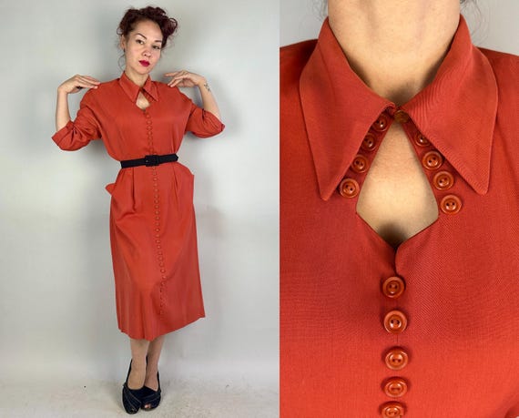 1940s Coral Caress Dress | Vintage 40s Orange Rayon Gabardine Day Frock with Sweetheart Keyhole Neck & Full Length Buttons | Extra Large XL