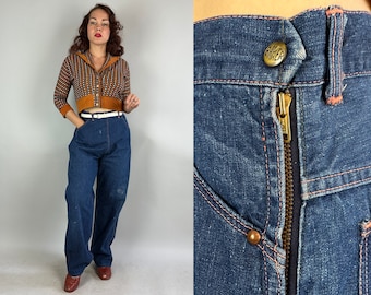 1950s Dance Till Dawn Dungarees | Vintage 50s Classic Blue Denim Jeans Pants w/Orange Top Stitching and Side Zipper | Extra Large XL