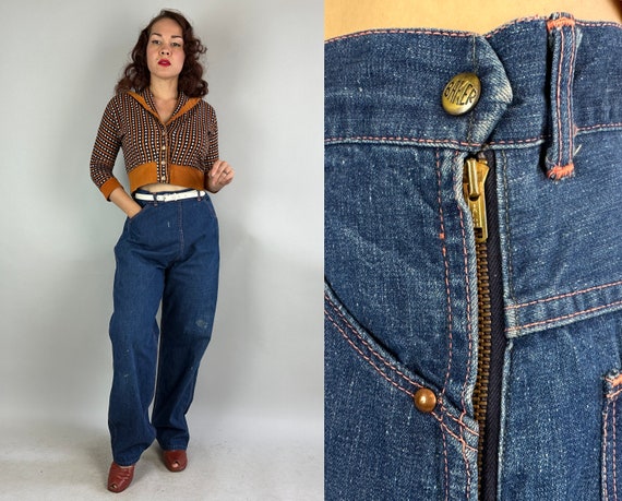 1950s Dance Till Dawn Dungarees | Vintage 50s Classic Blue Denim Jeans Pants w/Orange Top Stitching and Side Zipper | Extra Large XL