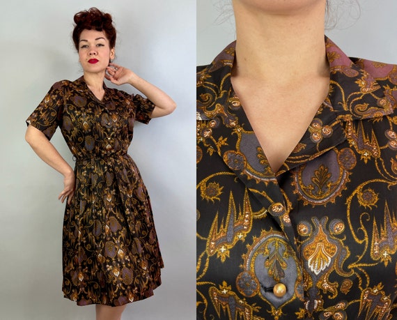 1950s Suzy Shirtwaist Dress | Vintage 50s Rayon Taffeta Day Frock in Black Goldenrod and Plum with Notched Collar and Pleated Skirt | Small