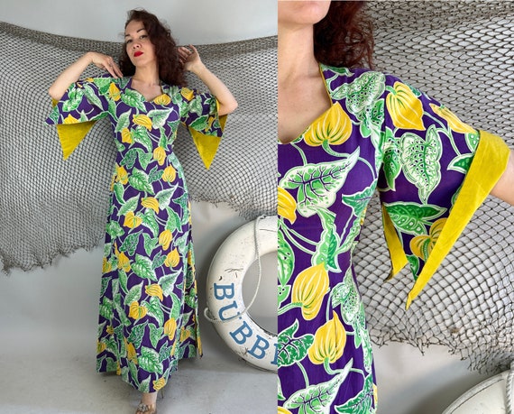 1950s Queen of the Luau Pake Muu | Vintage 50s Purple Yellow and Green Tropical Leaf Print Cotton Curve Hugging Hawaiian Tiki Dress | Small