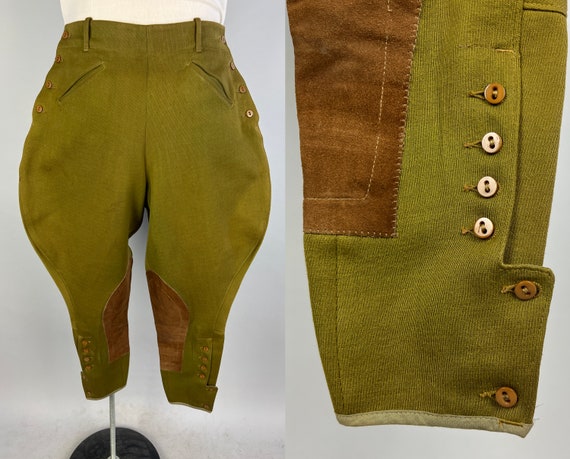 1930s Adventure Breeches | Vintage 30s Olive Green Wool Twill Jodhpurs Riding Pants with Brown Suede Leather Patches | 28" Waist Small