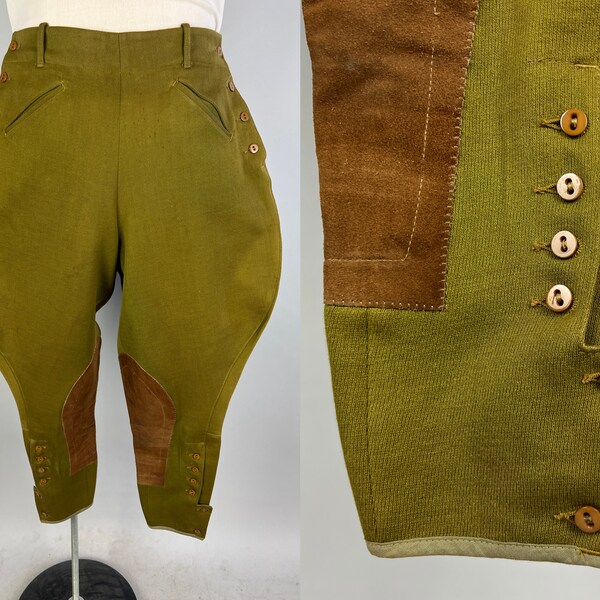 1930er Jahre Abenteuer Breeches | Vintage 30er Jahre Olivgrüne Jodhpurs aus Wolltwill mit Wildleder Patches | 28 "Taille klein