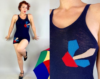 1920s Deco Dolly Swimsuit | Vintage 20s Navy Wool One Piece Bathing Suit with Red White and Blue Abstract Appliqués | Small/XS Extra Small