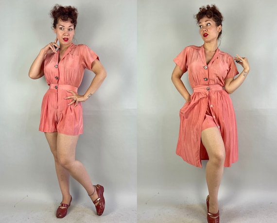 1940s Playful Pinup Playsuit Set | Vintage 40s Two Piece Bubblegum Pink Rayon Romper Onesie with Matching Coverup Skirt with Pocket | Small