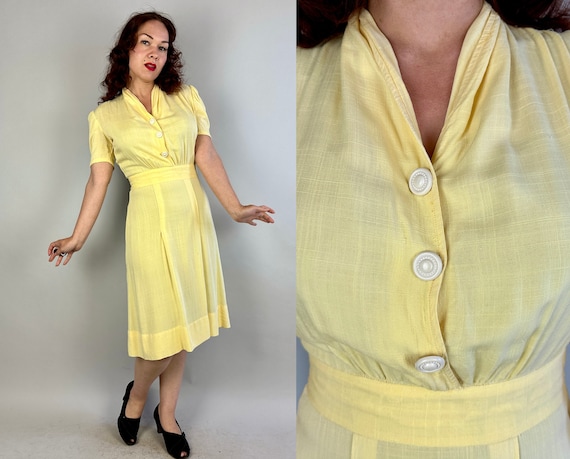 1940s Build Me Up Buttercup Dress | Vintage 40s Pale Yellow Cotton Day Frock with Puff Sleeves Skirt Pleats and White Buttons | Medium