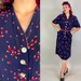 1940s Atomic Annie Dress | Vintage 40s Blue Red and White Abstract Print Rayon Shirtwaist Frock w/Shell Buttons and Pockets | Extra Large XL 