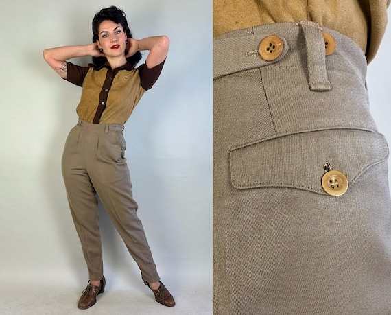 1930s Ride Along Roxy Riding Pants | Vintage 30s Taupe Wool Tapered Stirrup Side Button Equestrian Trousers Dated 1938! | XS Small Medium