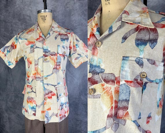 1970s Tiki & Tequila Belted Back Shirt | Vintage 70s Beige Blue Red Orange Watercolor Flower Branch Cotton Hawaiian Button Up | Medium