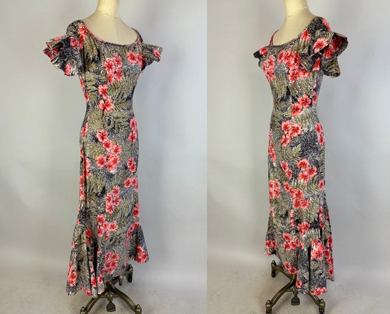 1950s Luau Goddess Gown | Vintage 50s Mottled Bla… - image 5
