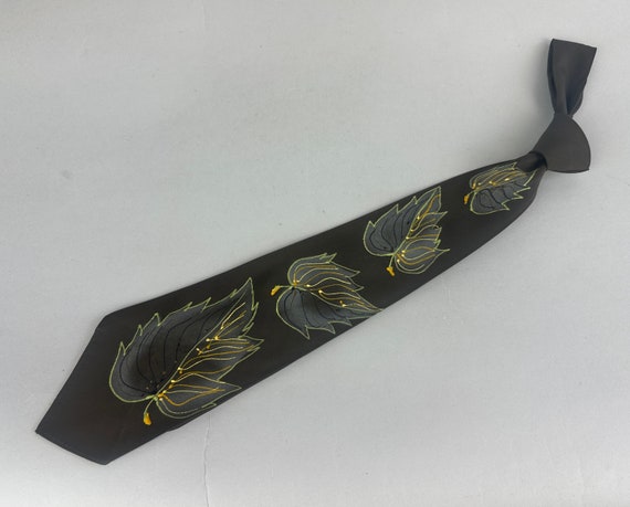 1930s After The Fall Necktie | Vintage 30s Pine Green Silk Self Tie Cravat with Hand Painted Leaves in Mint Peach and Yellow