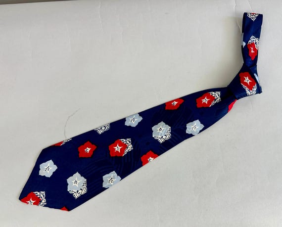 1940s Dramatic Dragonfruit Necktie | Vintage 40s Navy Silk Red and Blue Floral Kimono Inspired Lined Self Tie by Oviatt's