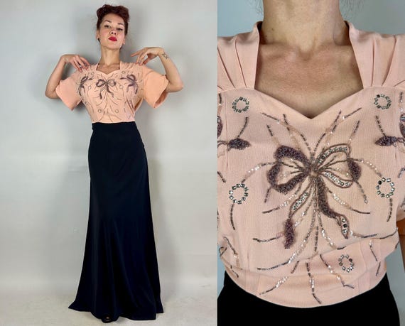 1940s Captivating Color Block Gown | Vintage 40s Pink + Black Rayon Crepe Evening Dress w/Bows Beads Rhinestones & Sequins | Extra Large XL