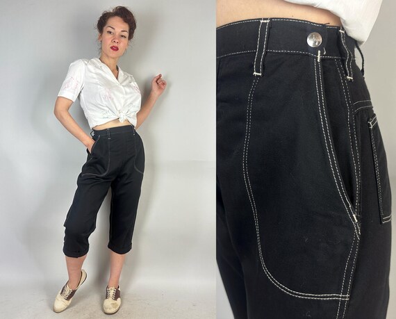 1950s Mudlarker Mayhem Clam Diggers | Vintage 50s Black Cotton Twill High Waist Side Zip Pedal Pushers with White Top Stitching | Small XS