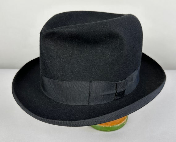 1940s Beautiful Black Borsalino | Vintage 40s Noir Fur Felt Mens Homburg Fedora Hat with Grosgrain Ribbon Band + Trim | Size 7&3/8 Large