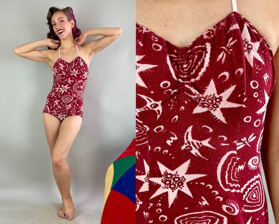 1930s Nora's Novelty Sea Star Swimsuit | Vintage 30s Knit Sea Life Print Sweetheart Sea Creatures One Piece Bathing Suit | Small/Medium