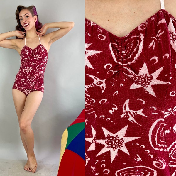 1930s Nora's Novelty Sea Star Swimsuit | Vintage 30s Knit Sea Life Print Sweetheart Sea Creatures One Piece Bathing Suit | Small/Medium