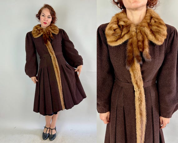 1930s Irresistible Ingenue Coat | Vintage 30s Brown Wool Twill Pleated Skirt Overcoat with Fur Collar and Latern Sleeves | Small Medium