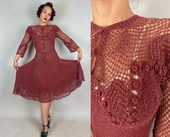 1930s Tempting Terra Cotta Rose Crochet Dress | Vintage 30s Cotton Openwork Button Up Frock with Rosettes and Flared Skirt | Small Medium