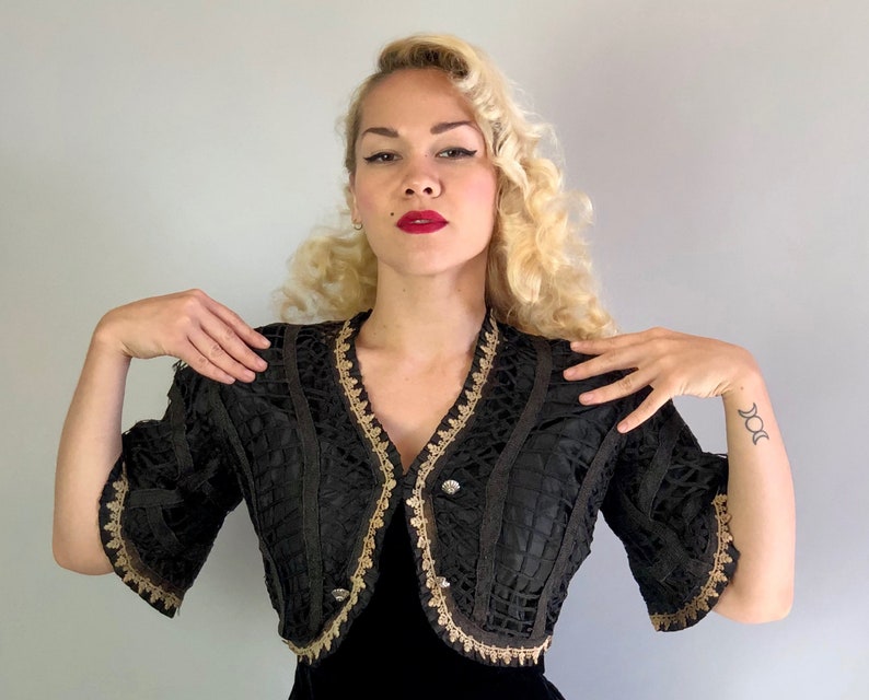 Small Vintage 1900s Jacket Victorian Black Silk Bolero Shrug wLarge Hole Net Outer Ecru Tulip Lace Trim and Elbow Length Bell Sleeves