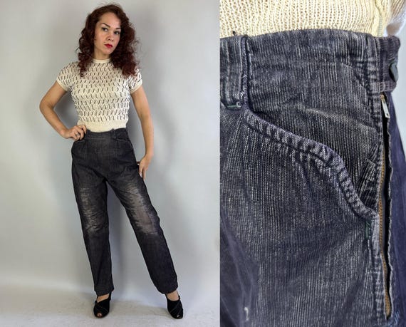 1950s Carefree Corduroy Slacks | Vintage 50s Charcoal Grey High Waist Peak Pockets Side Zip Trousers Pants | Medium