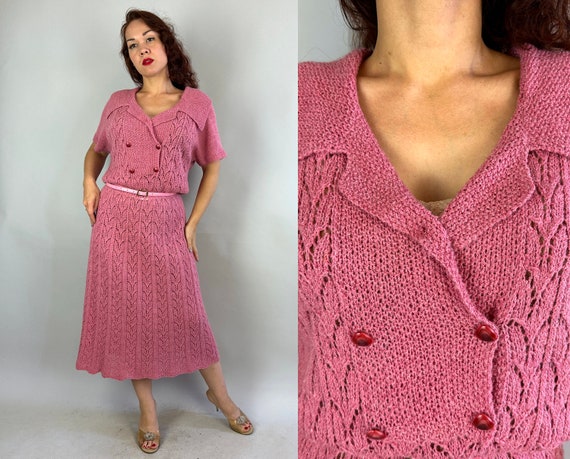 1950s Bubblegum Bonanza Knit Dress | Vintage 50s Pink with Light Shimmer Acrylic Lacey Open Leaf Stripe Stitch Frock | Extra Large XL