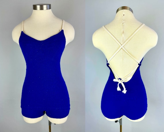 1930s Water Ripples Swimsuit | Vintage 30s Blue Wool "Lastex" Knit Low Back One Piece Bathing Suit with White Straps | Small Extra Small XS