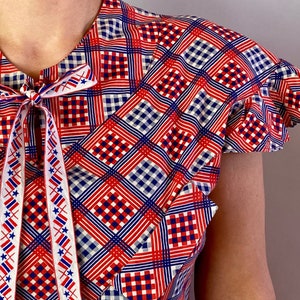 1930s Patriotic Picnic Dress Vintage 30s Diamonds and Squares Red White and Blue Cotton Print Frock with Flutter Sleeves Medium Large image 5