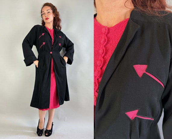 1940s Right Direction Overcoat | Vintage 40s Black Heavyweight Rayon Nipped Waist Coat with Hot Pink Arrow Accents and Single Button | Small