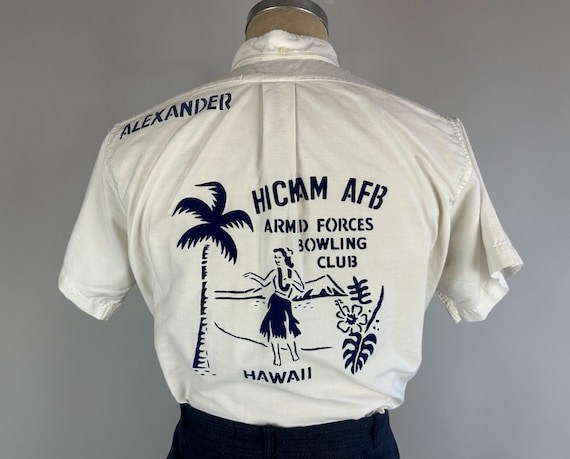 1970s Hit the Lanes Hula Bowling Shirt | Vintage 70s White Cotton with Blue Flocking Hawaii Armed Forces Team Club Button Down | Medium