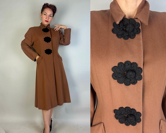 1930s Corded Curls Cuddle Coat | Vintage 30s Teddy Bear Brown Wool Overcoat with Black Braided Cord Standout Fastenings | Medium Large