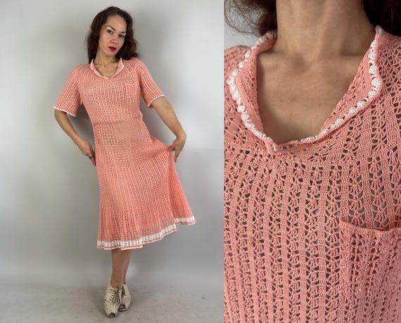 1930s Strawberries & Cream Crochet Dress | Vintage 30s Cotton Candy Pink and White Open Stitch Frock w/ Chest Pocket | Large/Extra Large XL